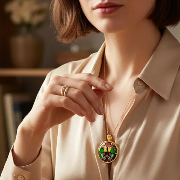 Vintage Eastern European Folk Art Pendant 18K Colorful Bird Motif 1" Medallion - Picture 11 of 11